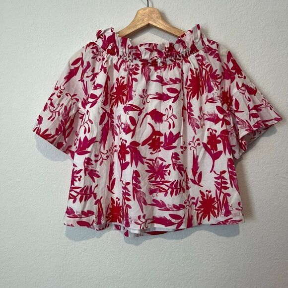 Brooke Wright Pink Red Floral Short Flare Sleeve Blouse Women's Size XS/Small - Picture 3 of 6